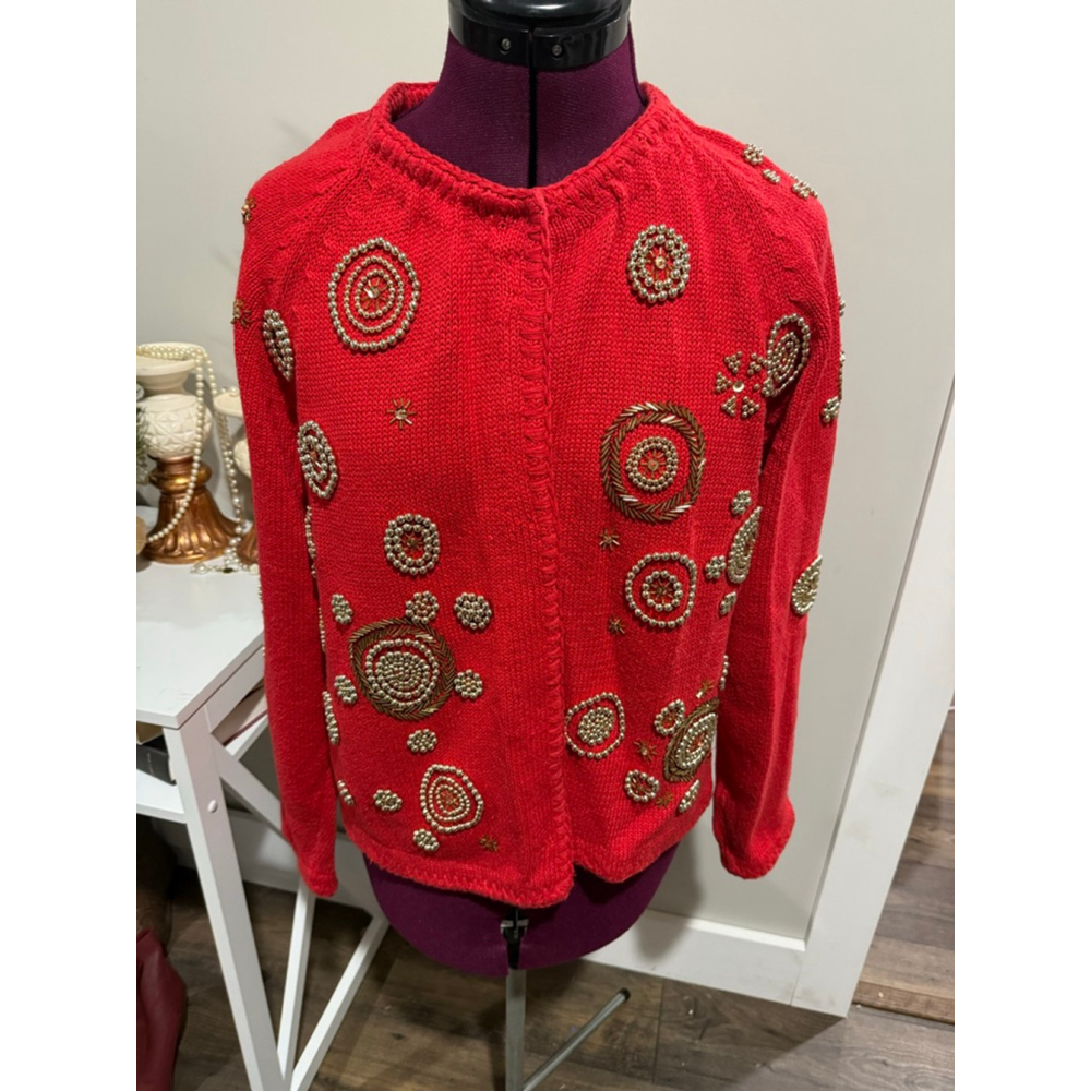 Vintage Red Gold Beaded Christmas Sweater Medium